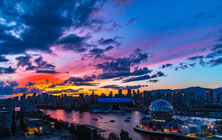 vancouver skyline on a beautiful purple and red day